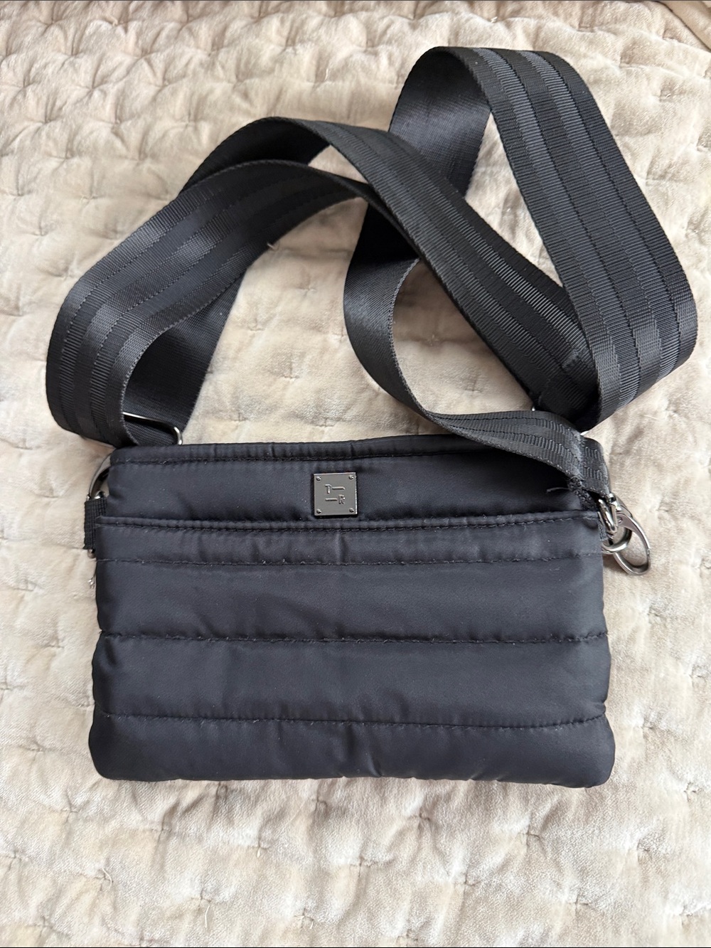 Think Royln Black Quilted Nylon Mini Crossbody with Wide Web Strap